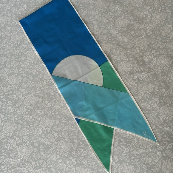 Vintage Vara Head Scarf Japan Setting Rising Sun Geometric Green blue white - Picture 6 of 10